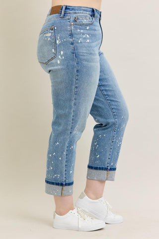 Judy Blue Mid Rise Bleach Splatter Single Cuff Boyfriend Denim Jeans 88519