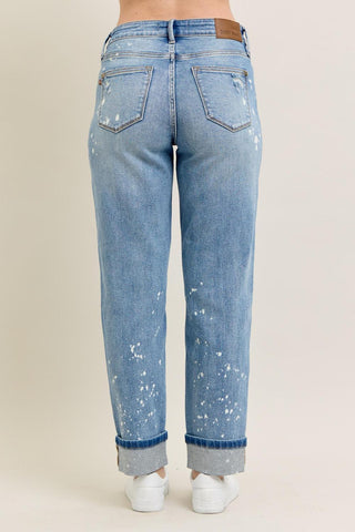 Judy Blue Mid Rise Bleach Splatter Single Cuff Boyfriend Denim Jeans 88519