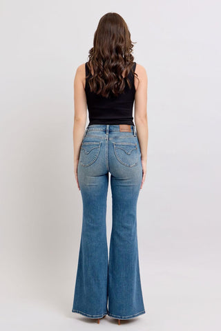 Judy Blue Mid Rise Tummy Control Vintage Wash & Back Shield Pockets Flare Denim Jeans 88934