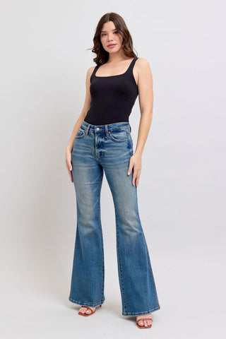 Judy Blue Mid Rise Tummy Control Vintage Wash & Back Shield Pockets Flare Denim Jeans 88934