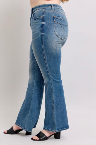 Judy Blue Mid Rise Tummy Control Vintage Wash & Back Shield Pockets Flare Denim Jeans 88934