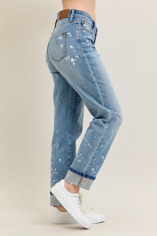 Judy Blue Mid Rise Bleach Splatter Single Cuff Boyfriend Denim Jeans 88519