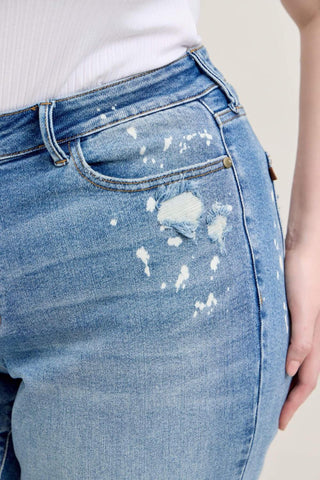Judy Blue Mid Rise Bleach Splatter Single Cuff Boyfriend Denim Jeans 88519