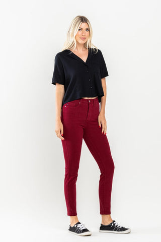 Judy Blue High Waist Tummy Control Garment Dyed Scarlet Skinny Denim Jeans 88760