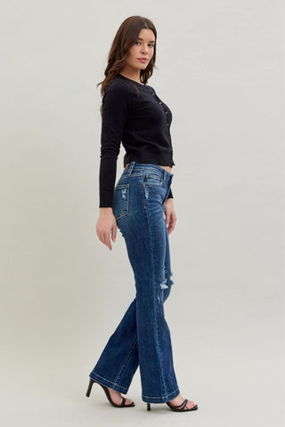 Judy Blue Mid Rise Hand Sand & Destroy Bootcut Denim Jeans 82541