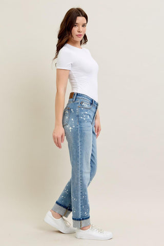 Judy Blue Mid Rise Bleach Splatter Single Cuff Boyfriend Denim Jeans 88519