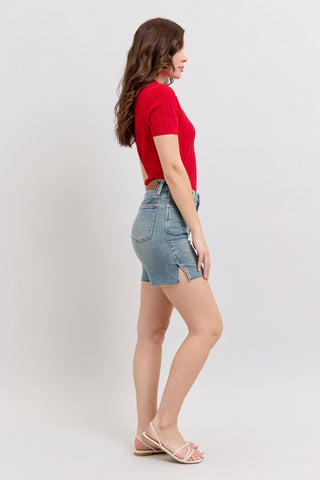 Judy Blue High Waist Vintage Wash Side Slit Denim Short 150296
