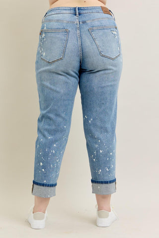 Judy Blue Mid Rise Bleach Splatter Single Cuff Boyfriend Denim Jeans 88519