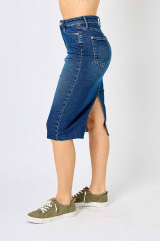 Judy Blue High Waist Back Slit Hem Mid Length Denim Skirt 2831