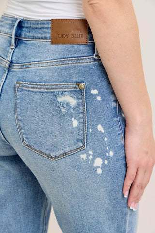 Judy Blue Mid Rise Bleach Splatter Single Cuff Boyfriend Denim Jeans 88519
