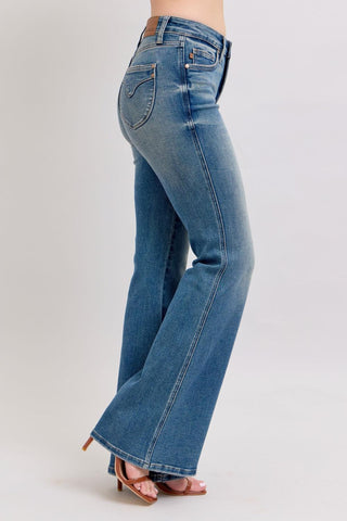 Judy Blue Mid Rise Tummy Control Vintage Wash & Back Shield Pockets Flare Denim Jeans 88934