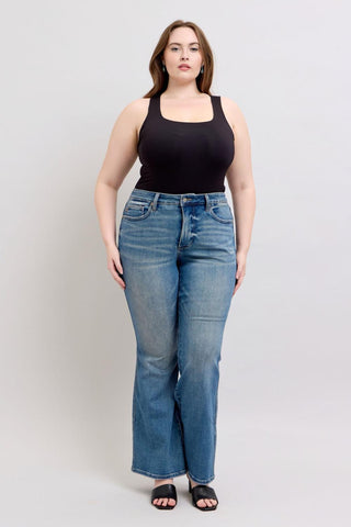 Judy Blue Mid Rise Tummy Control Vintage Wash & Back Shield Pockets Flare Denim Jeans 88934