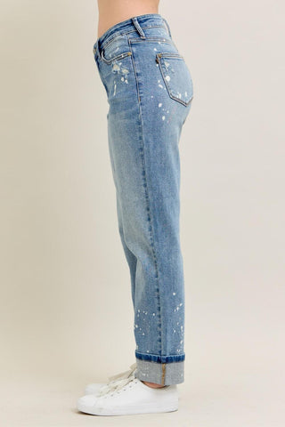 Judy Blue Mid Rise Bleach Splatter Single Cuff Boyfriend Denim Jeans 88519