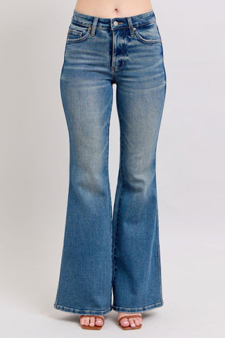Judy Blue Mid Rise Tummy Control Vintage Wash & Back Shield Pockets Flare Denim Jeans 88934
