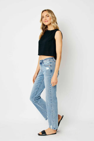 Judy Blue Mid Rise Medium Wash Destroy Straight Denim Jeans 88656