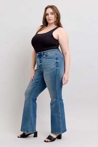 Judy Blue Mid Rise Tummy Control Vintage Wash & Back Shield Pockets Flare Denim Jeans 88934