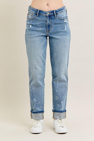 Judy Blue Mid Rise Bleach Splatter Single Cuff Boyfriend Denim Jeans 88519
