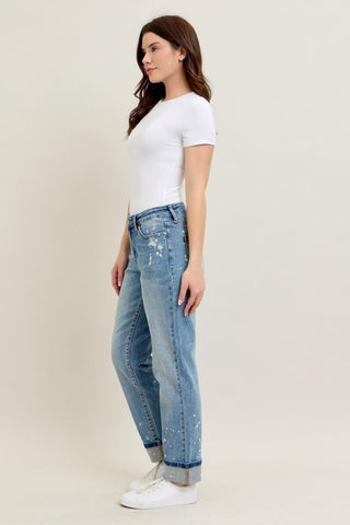 Judy Blue Mid Rise Bleach Splatter Single Cuff Boyfriend Denim Jeans 88519