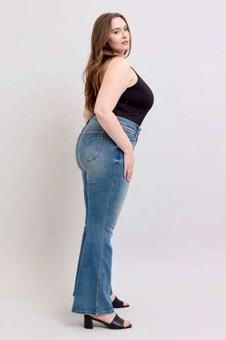 Judy Blue Mid Rise Tummy Control Vintage Wash & Back Shield Pockets Flare Denim Jeans 88934