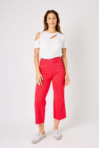 Judy Blue High Waist Garment Dyed Red Tummy Control Wide Leg Crop Denim 88838-Jeans-Sunshine and Wine Boutique