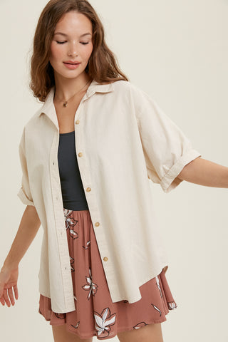 Wishlist Cuffed Sleeve Button-Up Shirt, Natural-Shirts & Tops-Sunshine and Wine Boutique