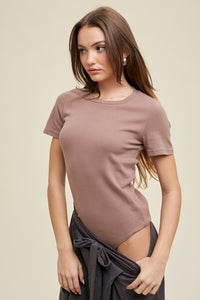 Wishlist Cotton-Blend Short Sleeve Thong Bodysuit, Chocolate-Shirts & Tops-Sunshine and Wine Boutique