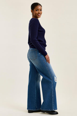 Judy Blue High Waist Tummy Control Leopard Waistband Lux Retro Wide Leg Denim Jeans 881192