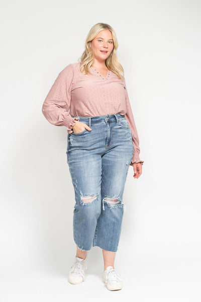 Judy Blue High Waist Destroy Wide Leg Crop Denim 82256-Jeans-Sunshine and Wine Boutique