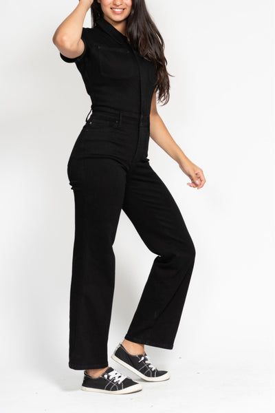 Judy Blue High Waist Garment Dyed Black Tummy Control Short Sleeve Straight Denim Jeans Jumpsuit 88853-Jeans-Sunshine and Wine Boutique