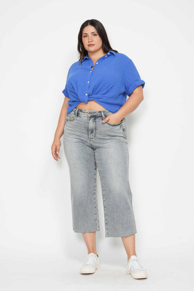 Judy Blue Mid Rise Tummy Control Raw Hem Wide Leg Crop Denim 88903-Jeans-Sunshine and Wine Boutique