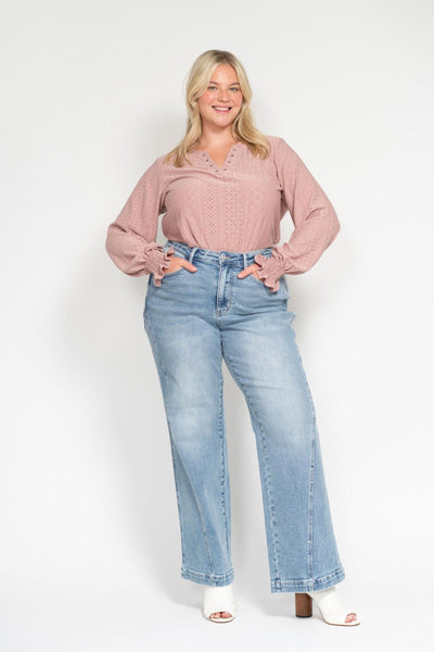 Judy Blue High Waist Side Seam Insert Detail Retro Wide Leg Denim 88766-Jeans-Sunshine and Wine Boutique