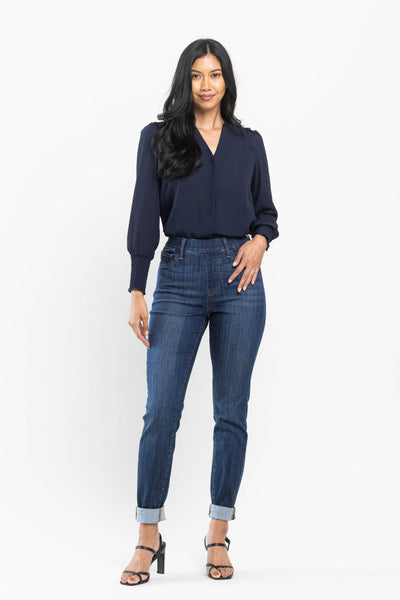 Judy Blue High Waist Pull On Double Cuff Slim Denim 88750-Jeans-Sunshine and Wine Boutique