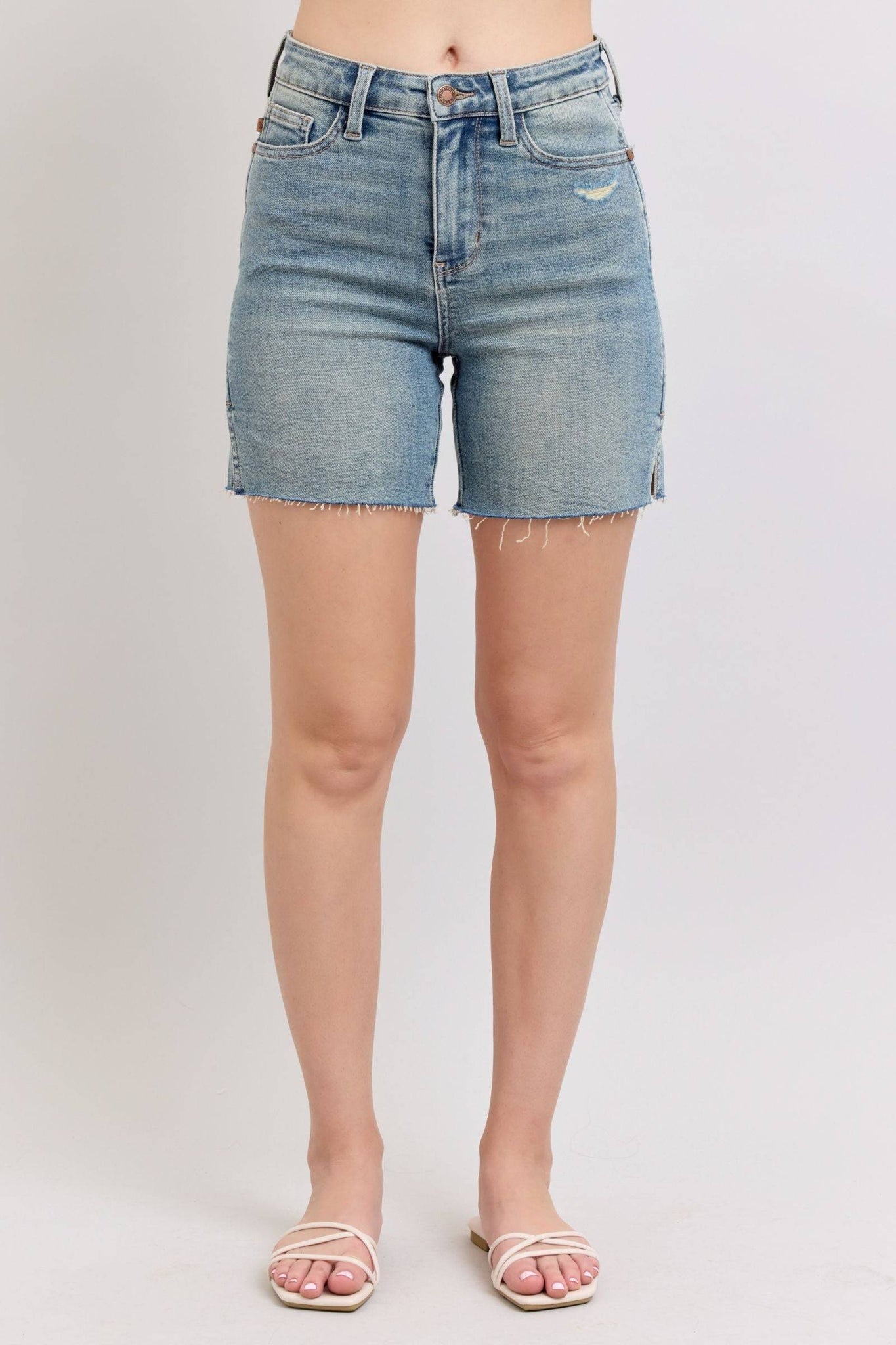 Judy Blue High Waist Vintage Wash Side Slit Denim Short 150296-Shorts-Sunshine and Wine Boutique