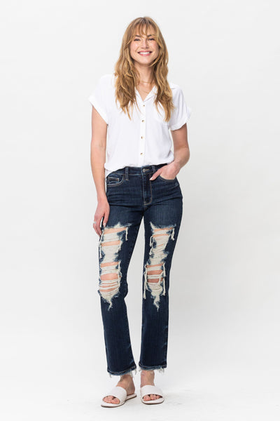 Judy Blue Mid Rise Heavy Destroy Straight Denim 82534-Jeans-Sunshine and Wine Boutique