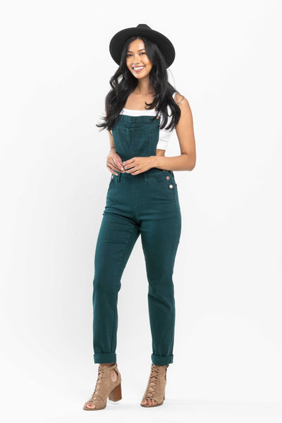Judy Blue High Waist Garment Dyed Teal Double Cuff Boyfriend Overall Denim 88789-Jeans-Sunshine and Wine Boutique