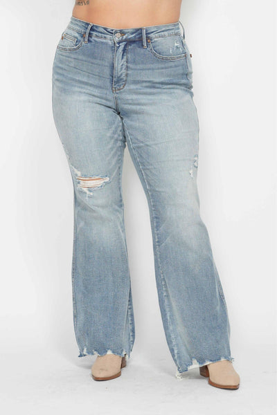 Judy Blue Mid Rise Tummy Control Destroy Flare Denim 88594-Jeans-Sunshine and Wine Boutique