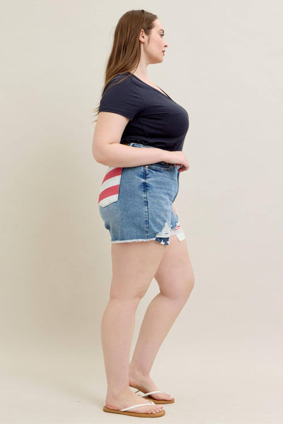 Judy Blue High Waist Front & Back Pocket American Flag Fray Hem Denim Short 150321-Shorts-Sunshine and Wine Boutique