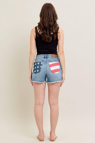 Judy Blue High Waist Front & Back Pocket American Flag Fray Hem Denim Short 150321-Shorts-Sunshine and Wine Boutique