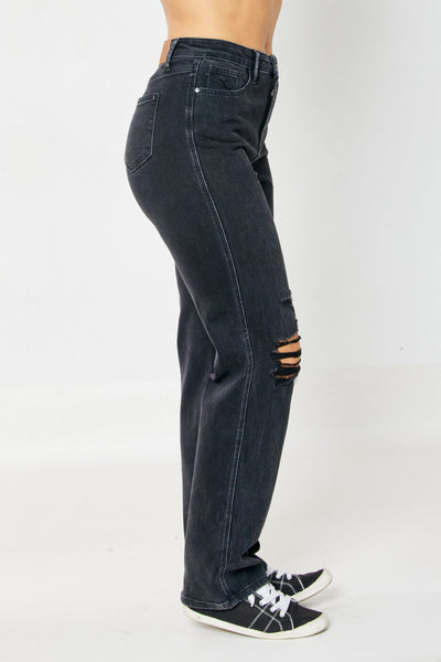 Judy Blue High Rise Rigid Magic 90's Distressed Straight Jeans in Black 88737-Jeans-Sunshine and Wine Boutique