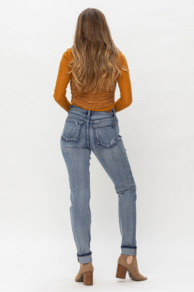 Judy Blue Mid Rise Button Fly Contrast Wash & Cuff Options Tall Boyfriend Denim 82396-Jeans-Sunshine and Wine Boutique
