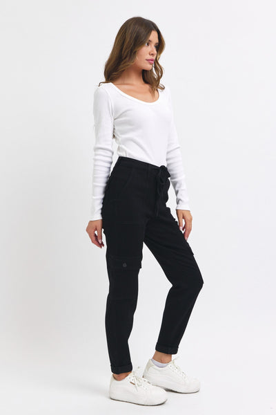 Judy Blue High Waist Cargo Cuff Black Jogger Denim 88910-Jeans-Sunshine and Wine Boutique