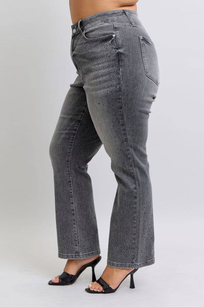Judy Blue High Waist Rhinestone Gray Straight Denim Jeans 88919-Jeans-Sunshine and Wine Boutique