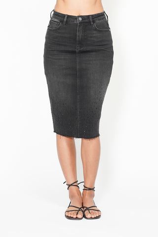 Judy Blue High Waist Rhinestone Embellished Mid Length Black Denim Skirt 2838
