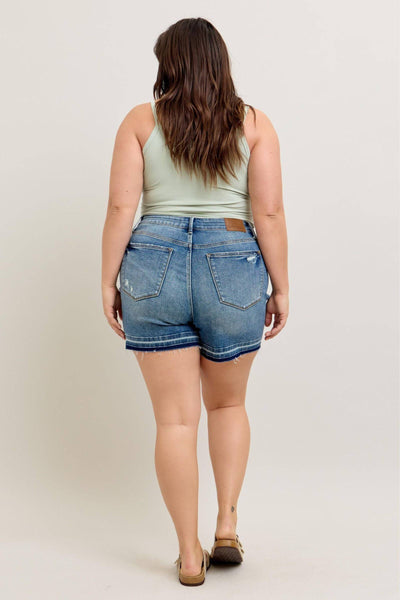 Judy Blue Mid Rise Tummy Control Vintage Wash Release Hem Denim Short 150299-Shorts-Sunshine and Wine Boutique