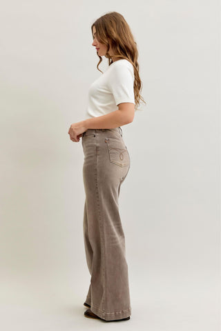 Judy Blue High Waist Retro Yarn Dyed Clay Criss-Cross Waistband Wide Leg Denim Jeans 881031