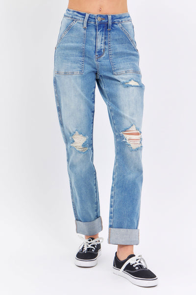 Judy Blue High Waist Patch Pocket & Destroy Boyfriend Denim 88825-Jeans-Sunshine and Wine Boutique