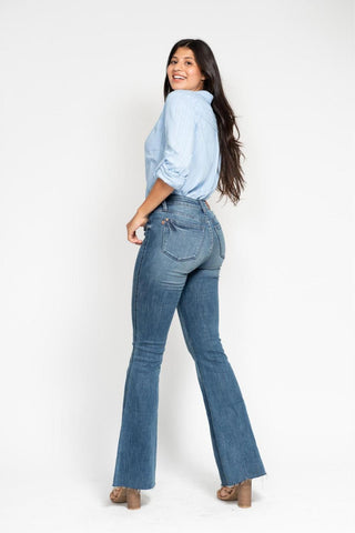 Judy Blue Mid Rise Tummy Control Vintage Wash Cut Hem Flare Denim Jeans 88472