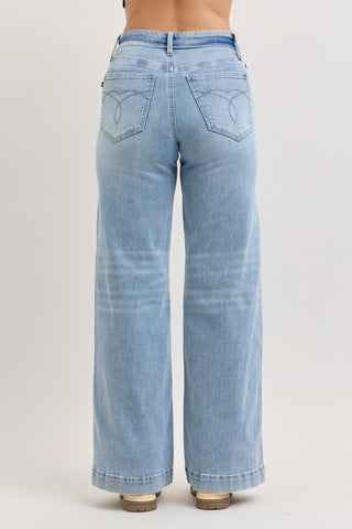 Judy Blue Mid Rise Retro Fold-over Waistband Wide Leg Denim Jeans 881104