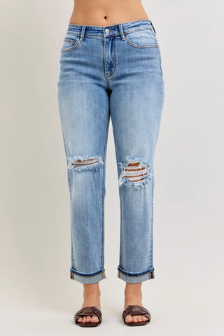 Judy Blue Mid Rise Destroyed Cuffed Boyfriend Denim Jeans 82688