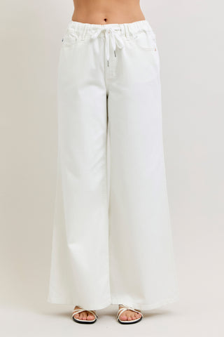 Judy Blue High Waist Featherweight Rose Gold Trim w/ Elastic Waistband Drawstring Palazzo Denim Jeans 881093